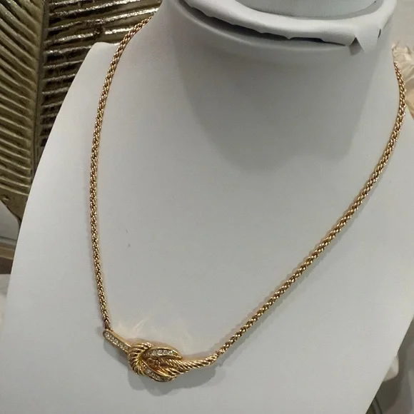SOLD Christian Dior Vintage CD Gold Knot Embellished Rhinestone Necklace - Picture 5 of 9
